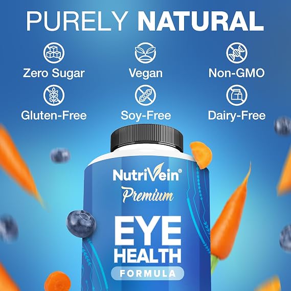 Nutrivein Eye Vitamins (60 Caps): Eyebright, Lutein and Zeaxanthin Supplements Complex - Display Fatigue, Dryness, Strain - Support for Overall Ocular Wellness - Eye Supplements for Nighttime Clarity