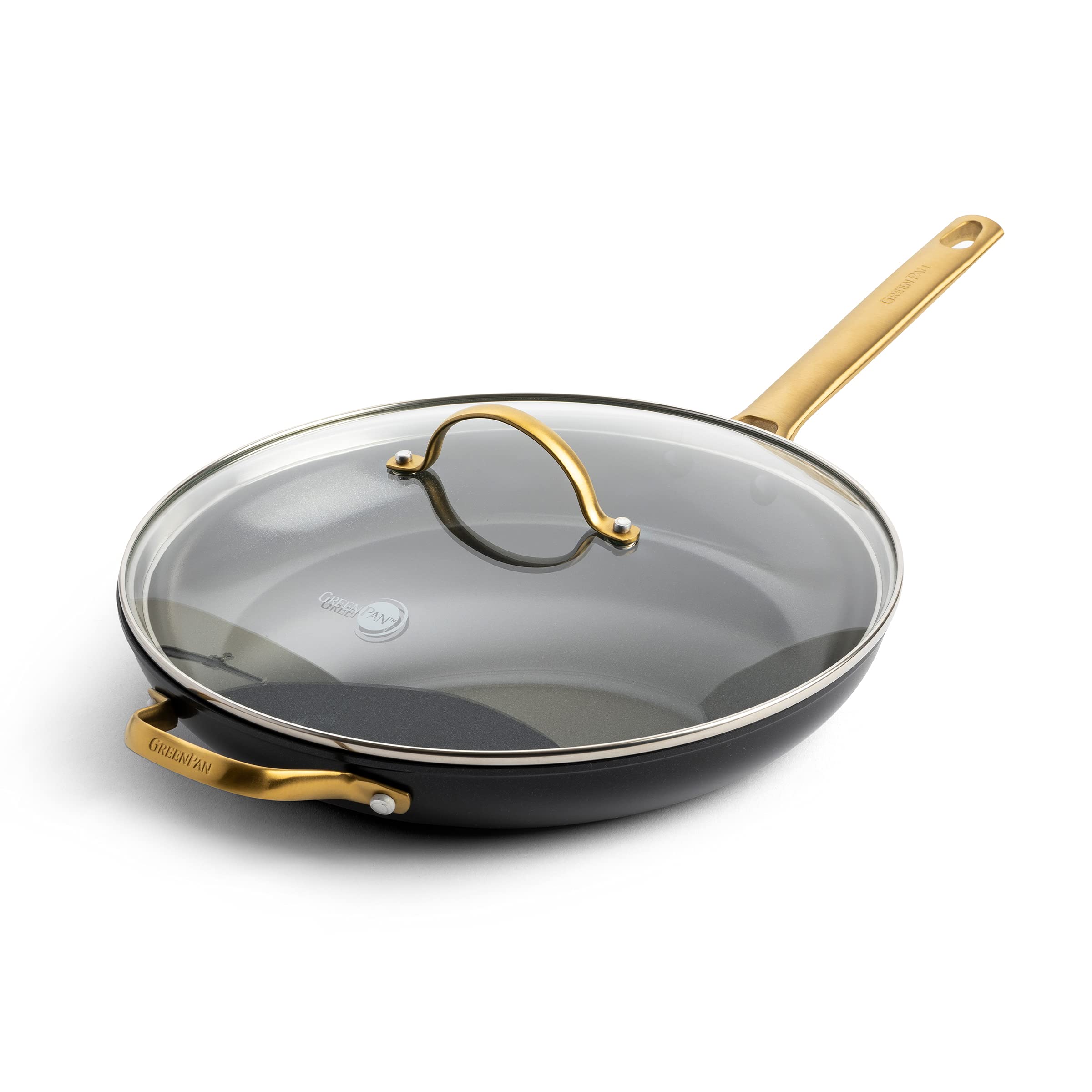 GreenPanReserve Hard Anodized Healthy Ceramic Nonstick 12" Frying Pan Skillet with Helper Handle and Lid, Gold Handle, PFAS-Free, Dishwasher Safe, Oven Safe, Black