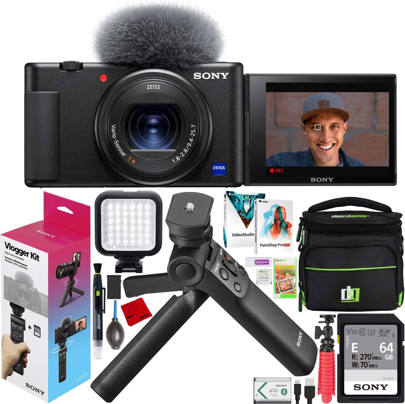 Sony ZV-1 Compact Digital 4K Camera Vlogger Creator's Kit DCZV1/B | Official Sony USA Partner Model | Bundle with ACCVC1 Includes GP-VPT2BT Shooting Grip & Wireless Remote + Deco Gear Case + LED