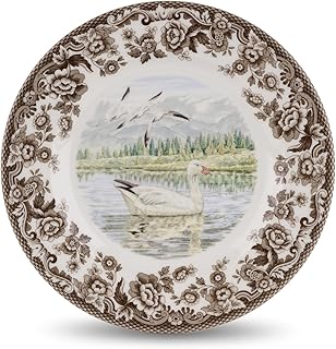 Spode Woodland Snow Goose Dinner Plate - 10.5 Inch Fine Earthenware with British Flowers Border, Microwave, Freezer, Dishwasher & Warm Oven Safe - Hunting-Themed Thanksgiving Plate, Made in England