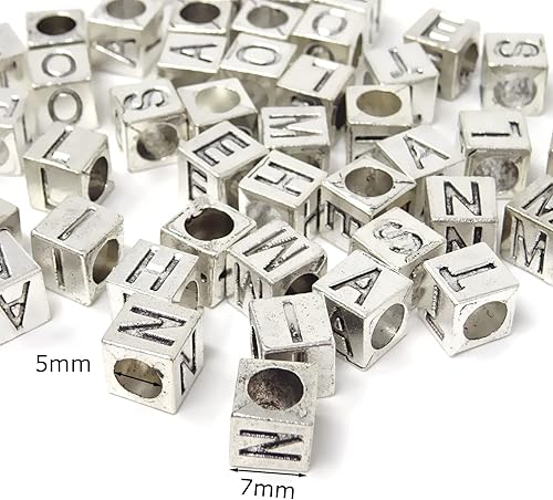 Miniatura 2 de Honbay 50 cuentas de letras de metal de 0.27 pulgadas (10 letras comunes: A, E, I, L, N, O, S, T, H, M), cuentas espaciadoras de cubo del alfabeto