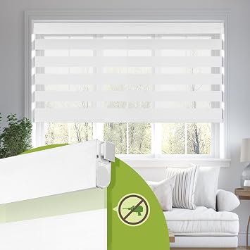No Drill No Tools Cordless Dual Layer Zebra Blinds for Windows, Blackout Zebra Shade for Indoor Windows,Easy to Install Thermal Insulated Blinds, Light Filtering White, Custom Size