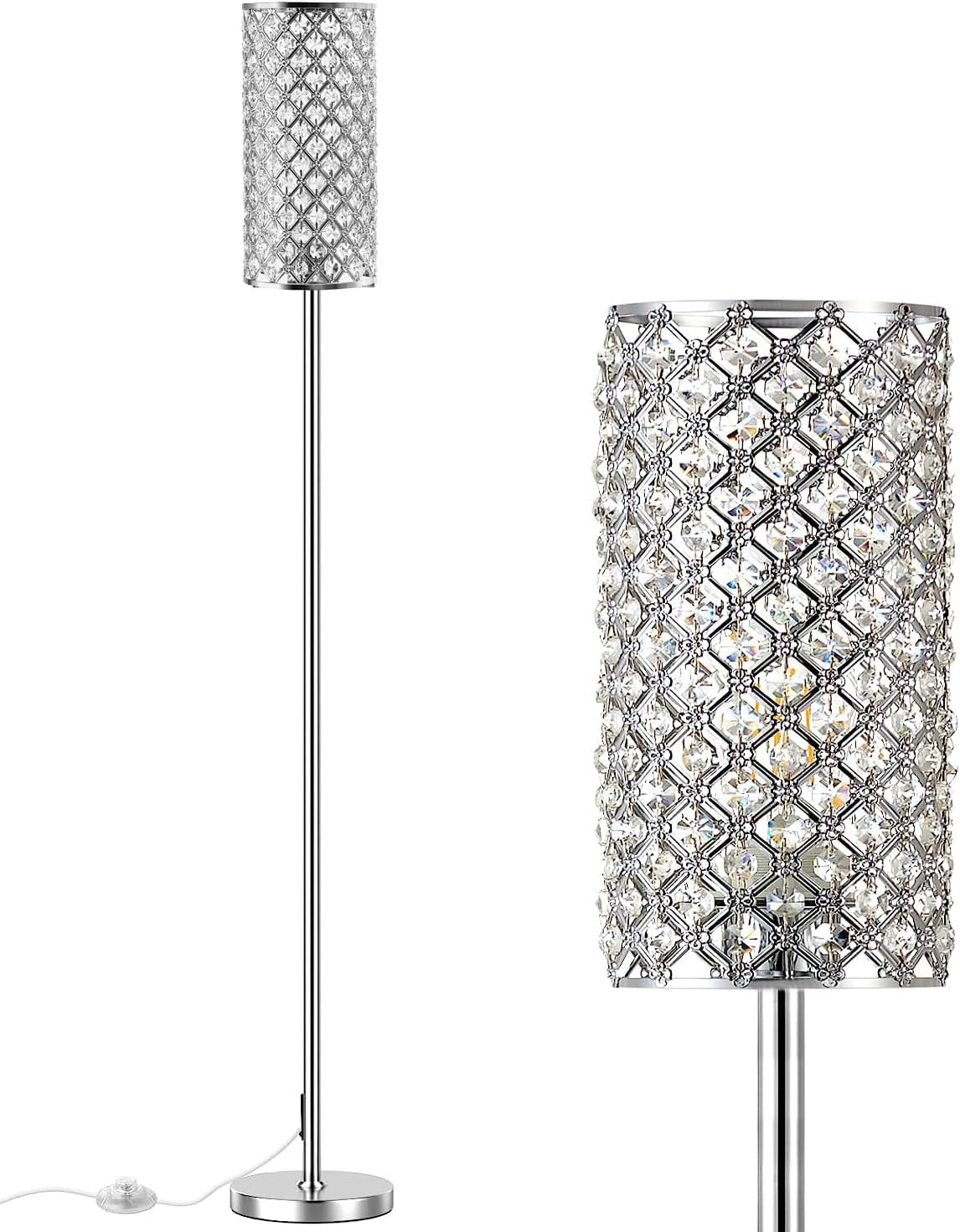 Crystal Floor Lamps - Modern Silver Standing Lamp with 3 CCT LED Bulbs for Elegant Home Decor Living Room and Bedroom Lighting