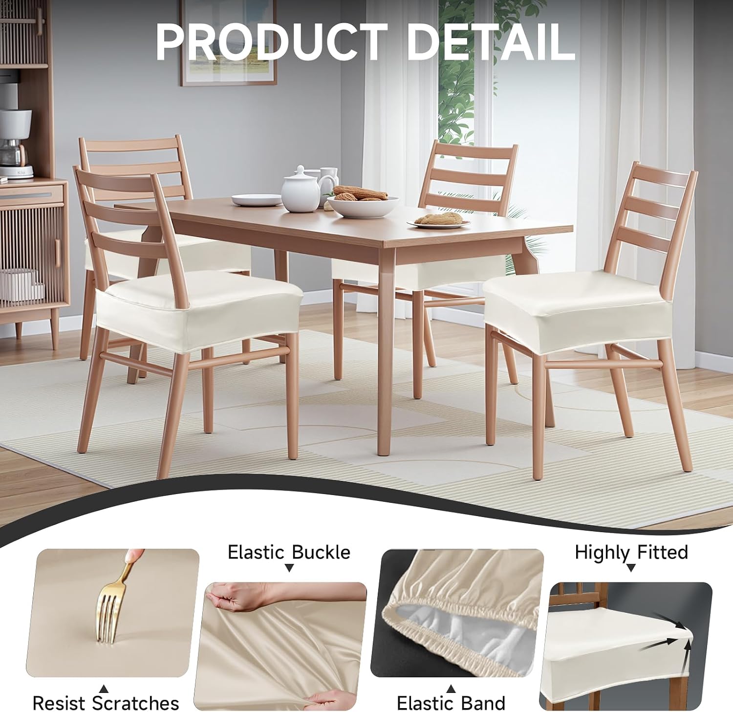 Seat Covers for Chairs 20% Thicker PU Leather Dining Seat Covers Set of 6，Waterproof Dining Chair Seat Cover Rear Covered Stretch Parson Chair Slipcovers (PU-White 6PCS)