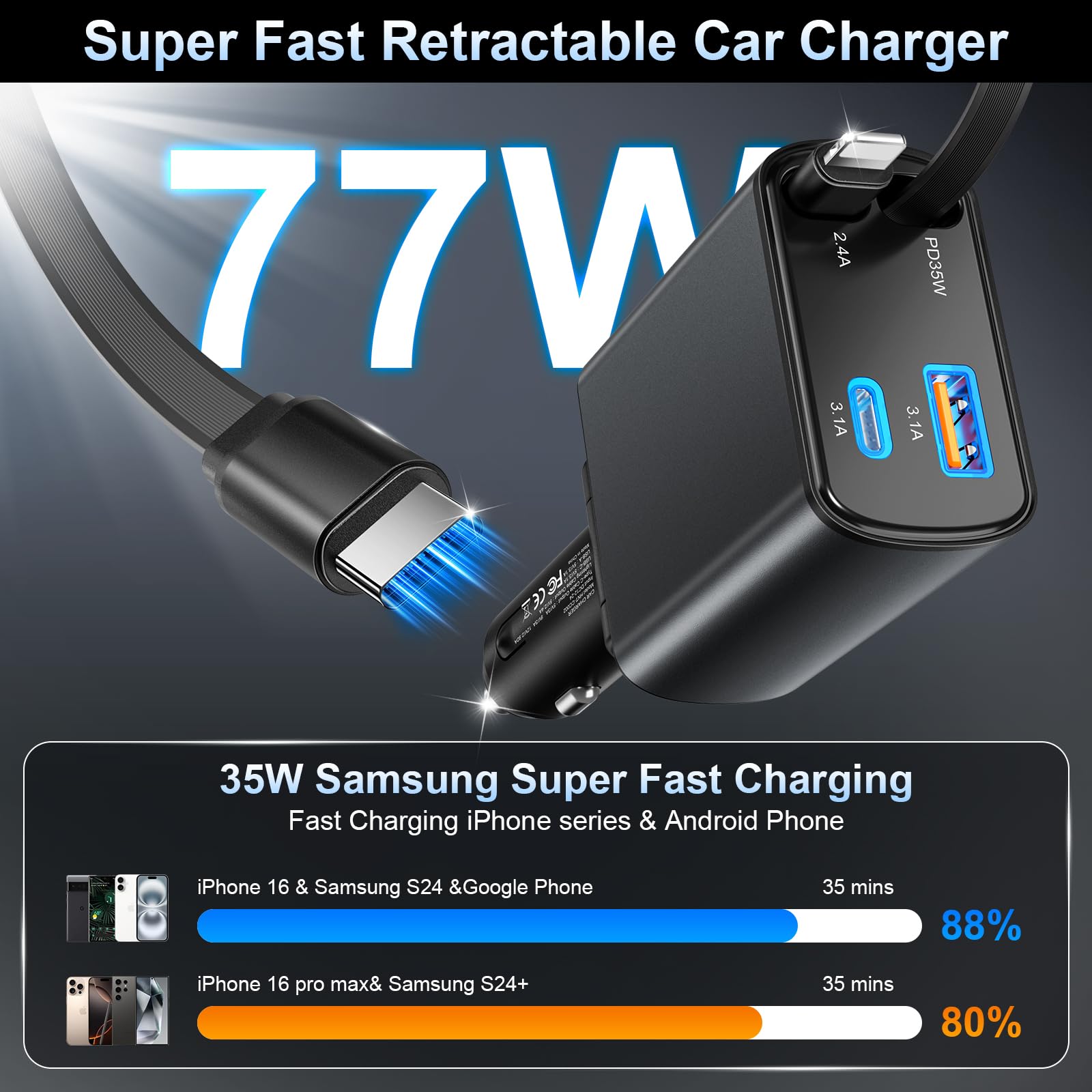 Cargador de coche retráctil USB C de carga rápida, adaptador de coche 4 en 1, cargador de teléfono para encendedor de cigarrillos de 77 W, cargador USB con cable USB C retráctil para iPhone 16/15/14