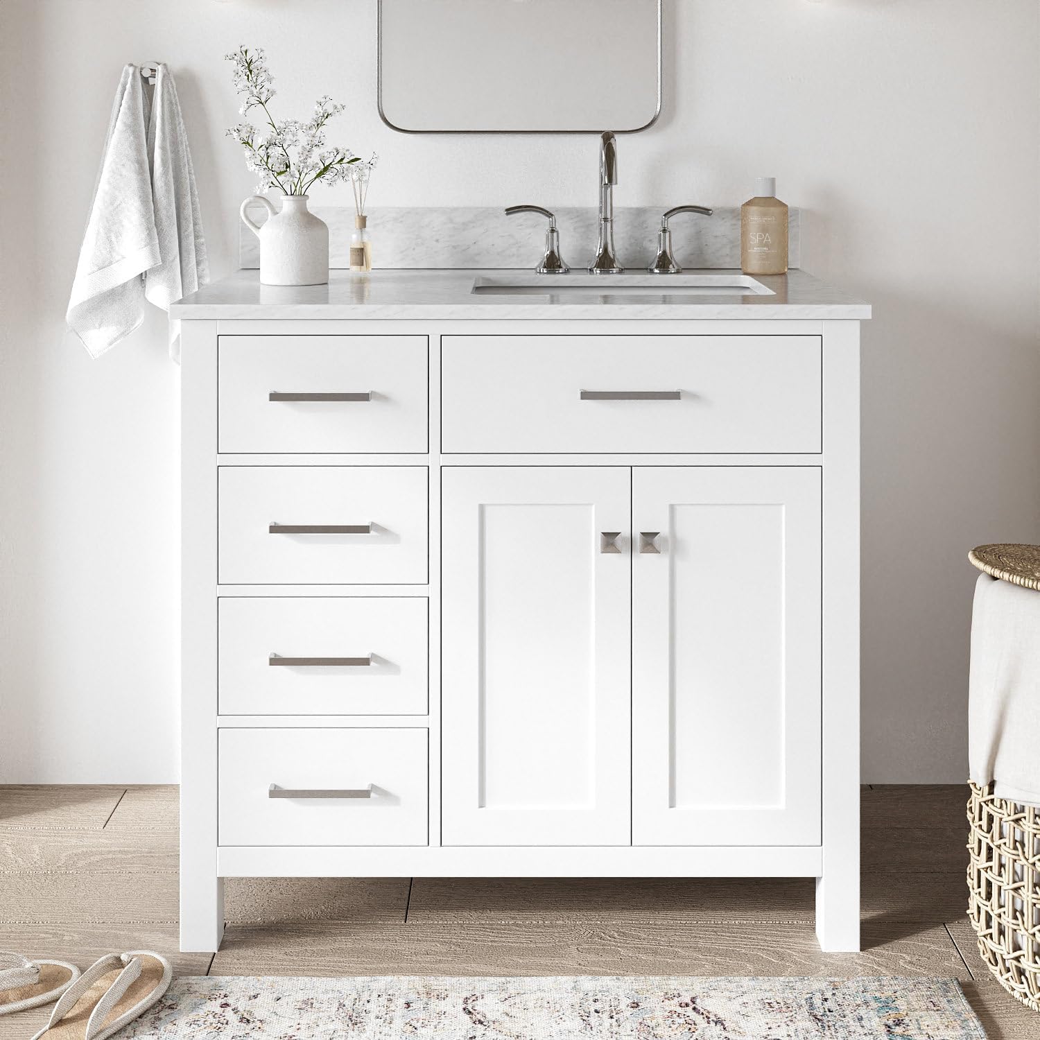 ARIEL Bristol 36-inch Bathroom Vanity with Sink,Solid Wood, 0.75-inch Italian Carrara Marble Countertop & Backsplash, Single Oval Porcelain Sink, 2 Soft Closing Doors, 4 Dovetail Drawers, White