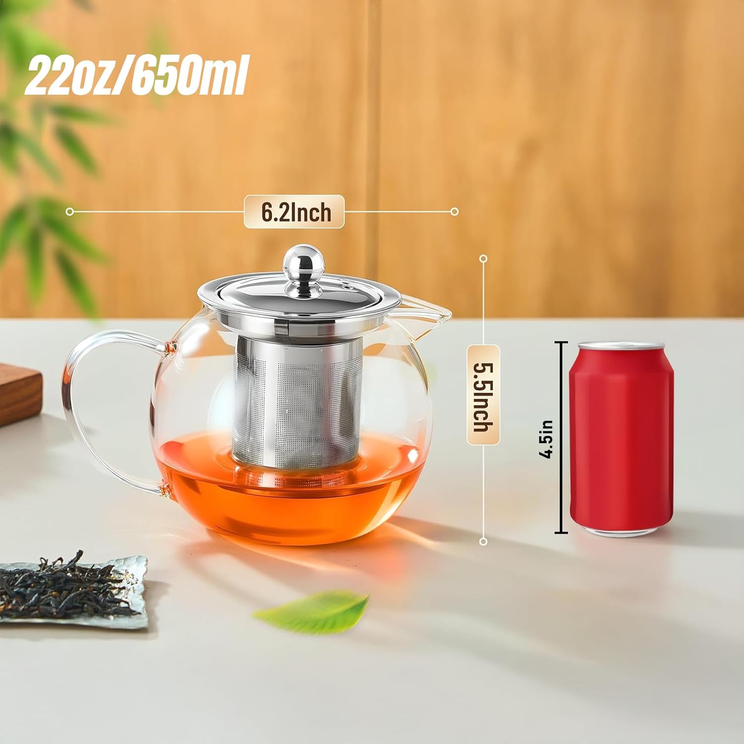 Glass Teapot Stovetop 22 OZ/650ml, Tea pot with Removable 18/8 Stainless Steel Infuser, Borosilicate Clear Tea Kettle, Teapot Blooming and Loose Leaf Tea Maker Tea Brewer for Camping, Travel thumbnail