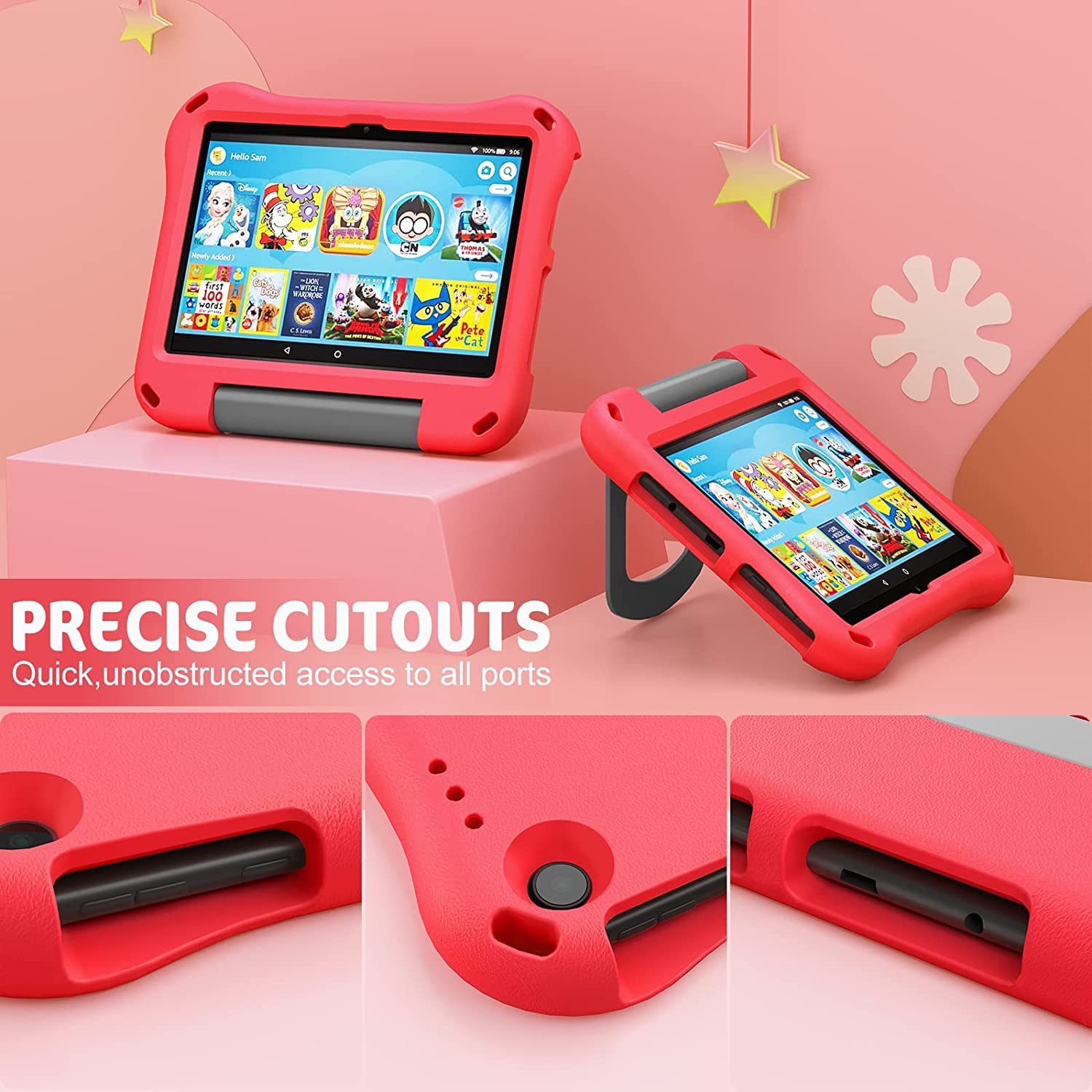 Custodia protettiva per Fire HD 8 / Fire HD 8 Plus 2024/2022/2020, custodia per bambini, antiurto con maniglia e supporto rosa