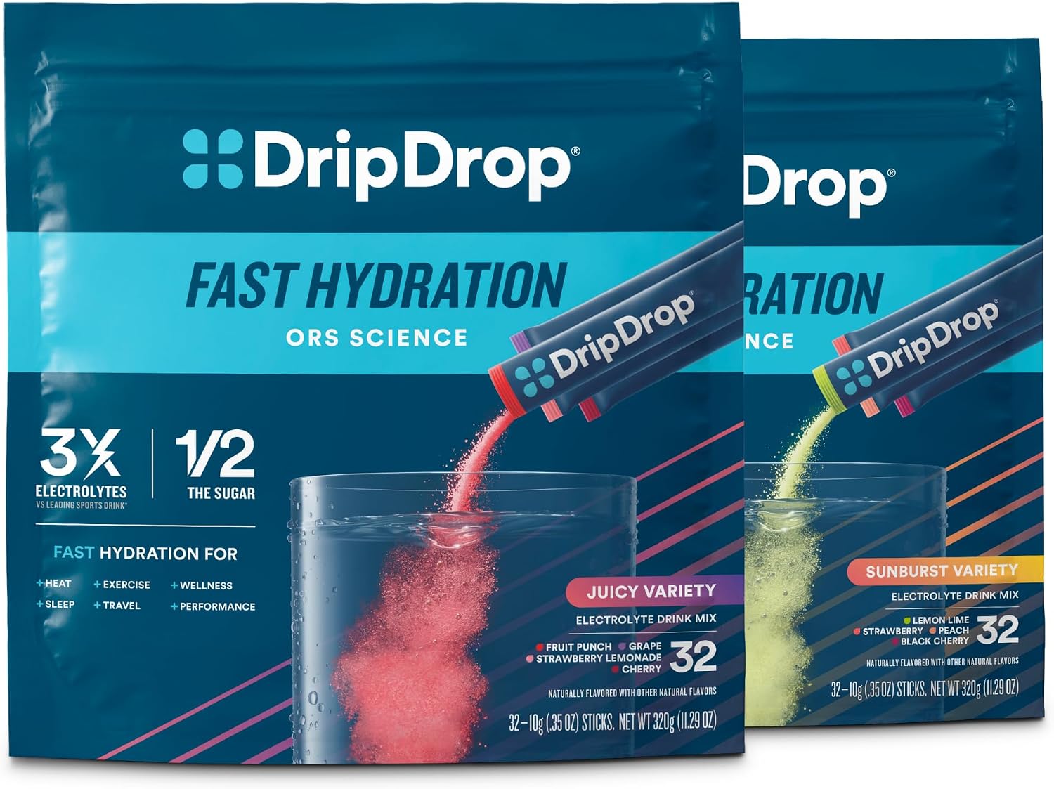 DripDrop Hydration Juicy Sunburst Variety Bundle Electrolyte Packets, 32 Ct