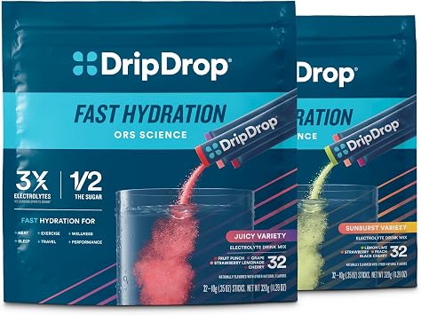 DripDrop Hydration Packets - Single Serve Electrolytes Powder Drink Mix - Grape, Fruit Punch, Strawberry Lemonade, Cherry, Lemon Lime, Strawberry, Peach, Black Cherry - 64 Sticks
