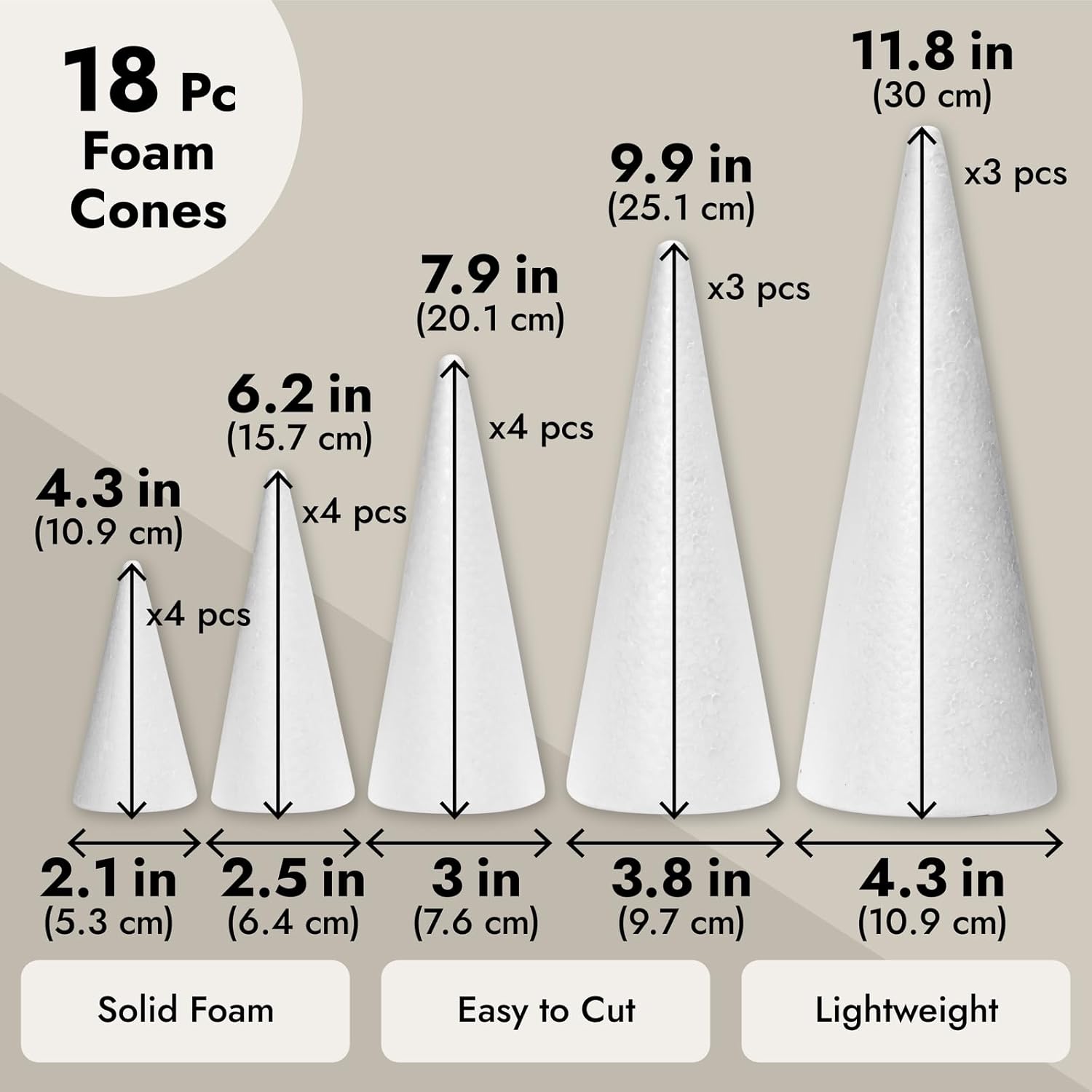 Bright Creations Foam Cones for Crafts - Foam Trees for Crafts & Floral Cones for Flowers - 18-Pack, White, 4-12 in