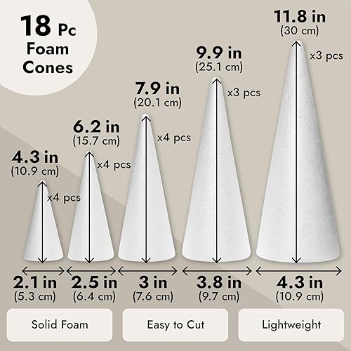 Miniatura 4 de Bright Creations Paquete de 18 conos de espuma blanca para manualidades (4, 6, 8, 10, 12 pulgadas), 5 tamaños surtidos para árboles, decoraciones