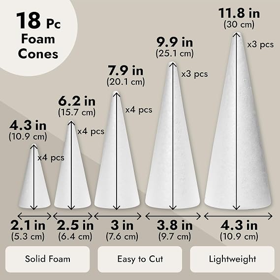 Bright Creations Foam Cones for Crafts - Foam Trees for Crafts & Floral Cones for Flowers - 18-Pack, White, 4-12 in