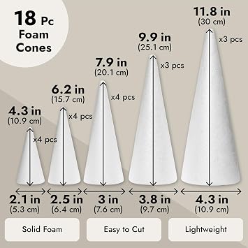 Bright Creations Foam Cones for Crafts - Foam Trees for Crafts & Floral Cones for Flowers - 18-Pack, White, 4-12 in