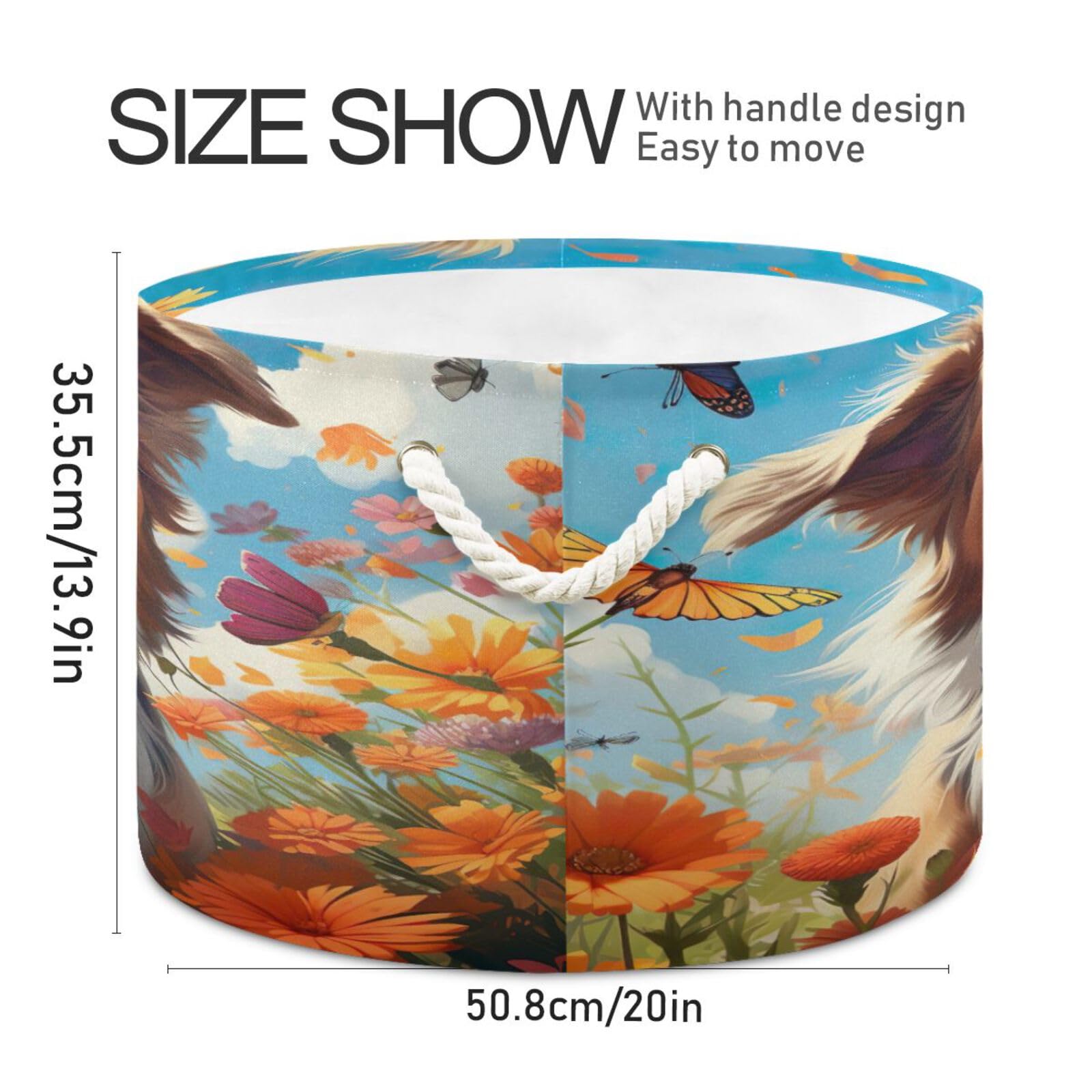 Round Cute Puppy Dog Butterfly Flower Storage Basket Large Organizer Bin Laundry Hamper Toy Storage Basket with Handle for Nursery Clothes Toys 202b4963