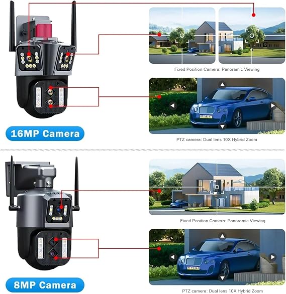 Home Security Camera 16MP 8K HD IP Camera 10X Zoom Outdoor Four lenses Three-Screen PTZ 8MP Camera Security Protection CCTV Color Night Vision(8K 16MP add 128G)