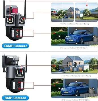 Home Security Camera 16MP 8K HD IP Camera 10X Zoom Outdoor Four lenses Three-Screen PTZ 8MP Camera Security Protection CCTV Color Night Vision(8K 16MP add 128G)
