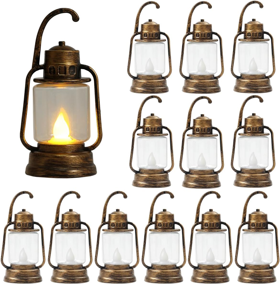 12 Pcs 4Inch LED Mini Lanterns Decor ,Western Themed Centerpieces for Tables,Cowboy Lantern Favors, Small Vintage Camping Decor Hanging Lamp for Christmas Wedding, Party Decorations (Gold, mini)