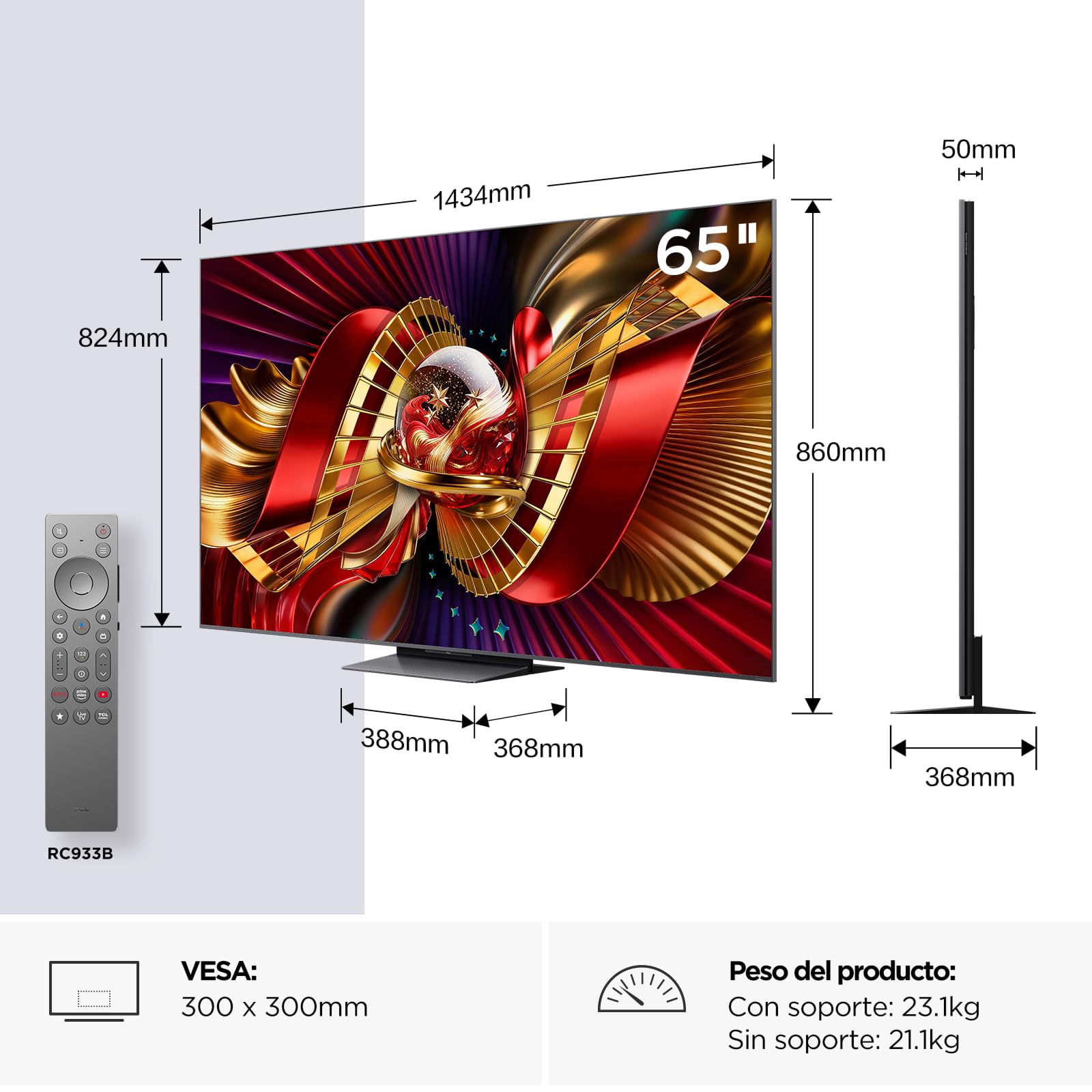 TCL 65C8L Televisor 65 Pulgadas SQD-Mini LED 4K Smart TV, HDR 5000 nits, 2040 Local Dimming, 144Hz Motion Clarity Pro, Bang & Olufsen, Dolby Vision IQ & Atmos, Game Master, Google TV, Apple AirPlay 2