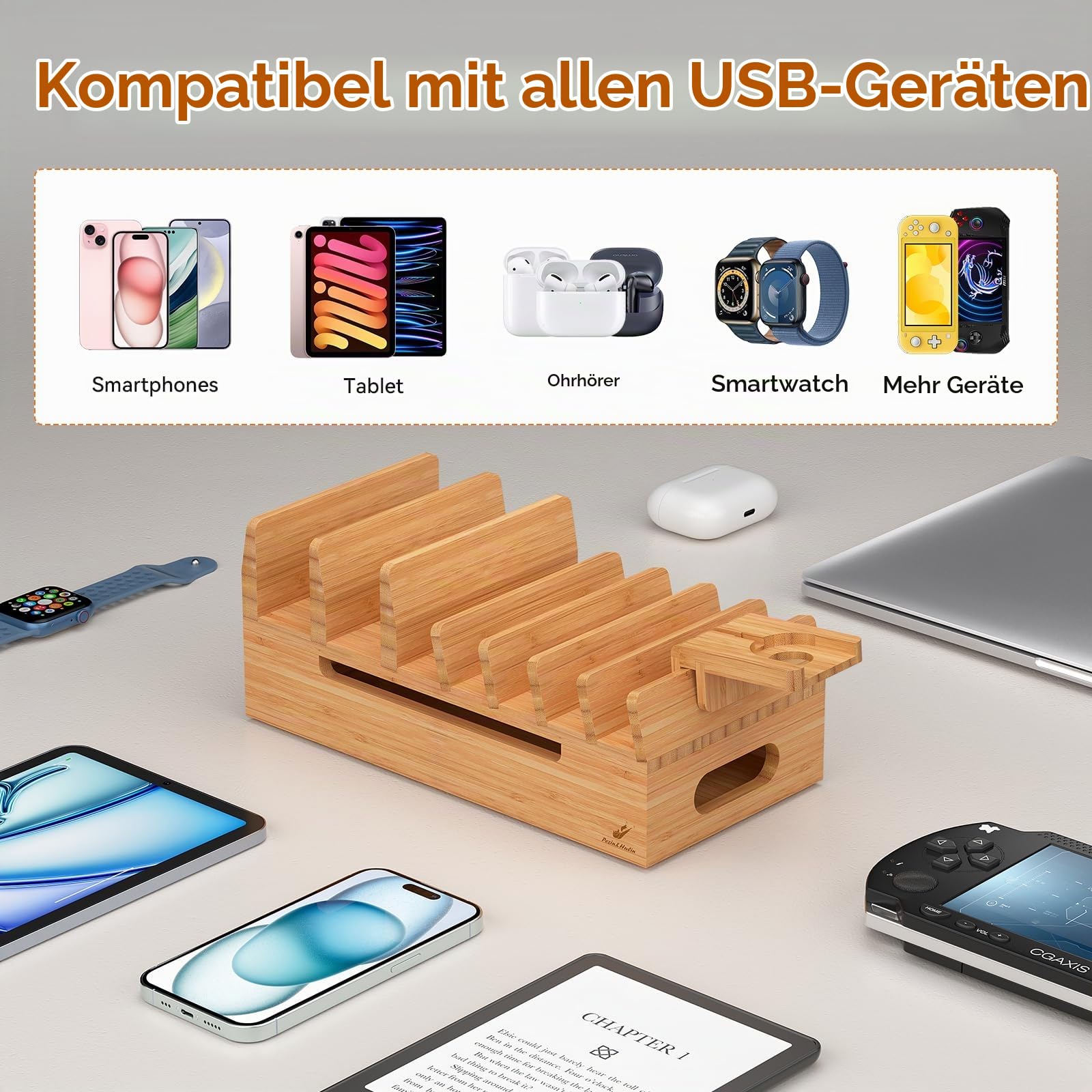 Pezin & Hulin Bambus-Ladestation mit Uhrenständer, Docking-Halterung für mehrere Geräte mit 5 Ladekabeln, Desktop-Dockstationen, elektronischer Organizer für Handy, Tablet, Uhr, natürlicher Bambus
