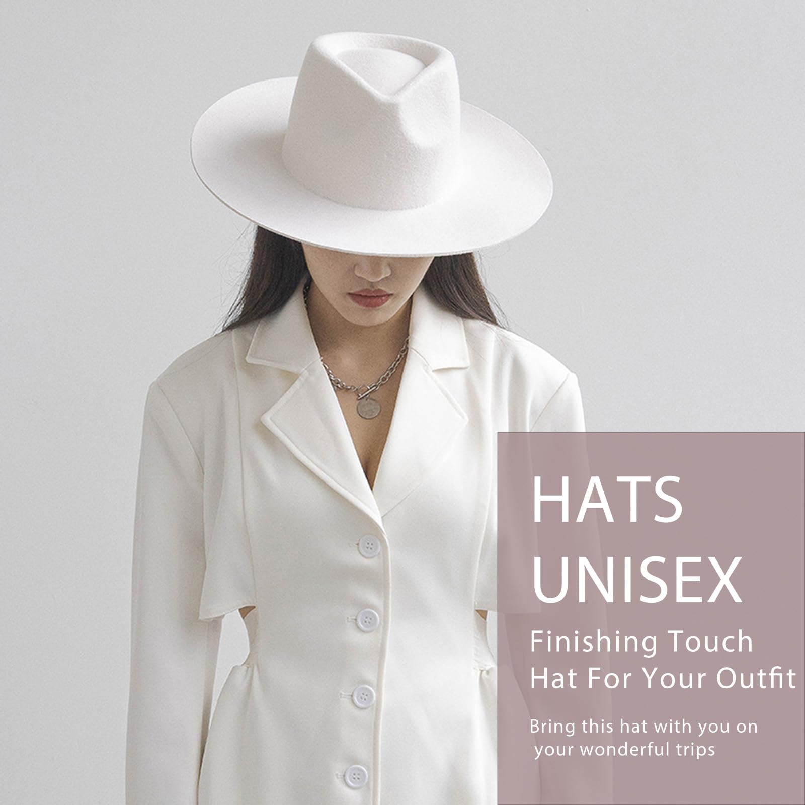 Happyupcity Sombrero Fedora de fieltro de ala ancha grande para mujeres y hombres, ajustable, clásico, sombrero de Panamá, sombrero Trilby, blanco, Talla única