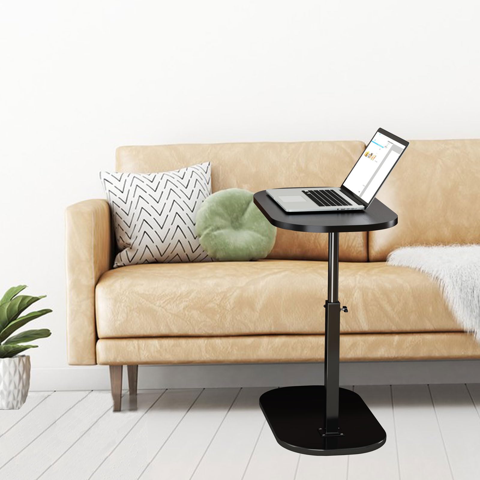 Table d'appoint en Forme de c Hauteur réglable, 360 ° Pivotante Ordinateur Portable stand pour canapé/LIT, Bois Petite Table Basse pour Salon Balcon Chambre, Design léger,Facile à Monter (Black)
