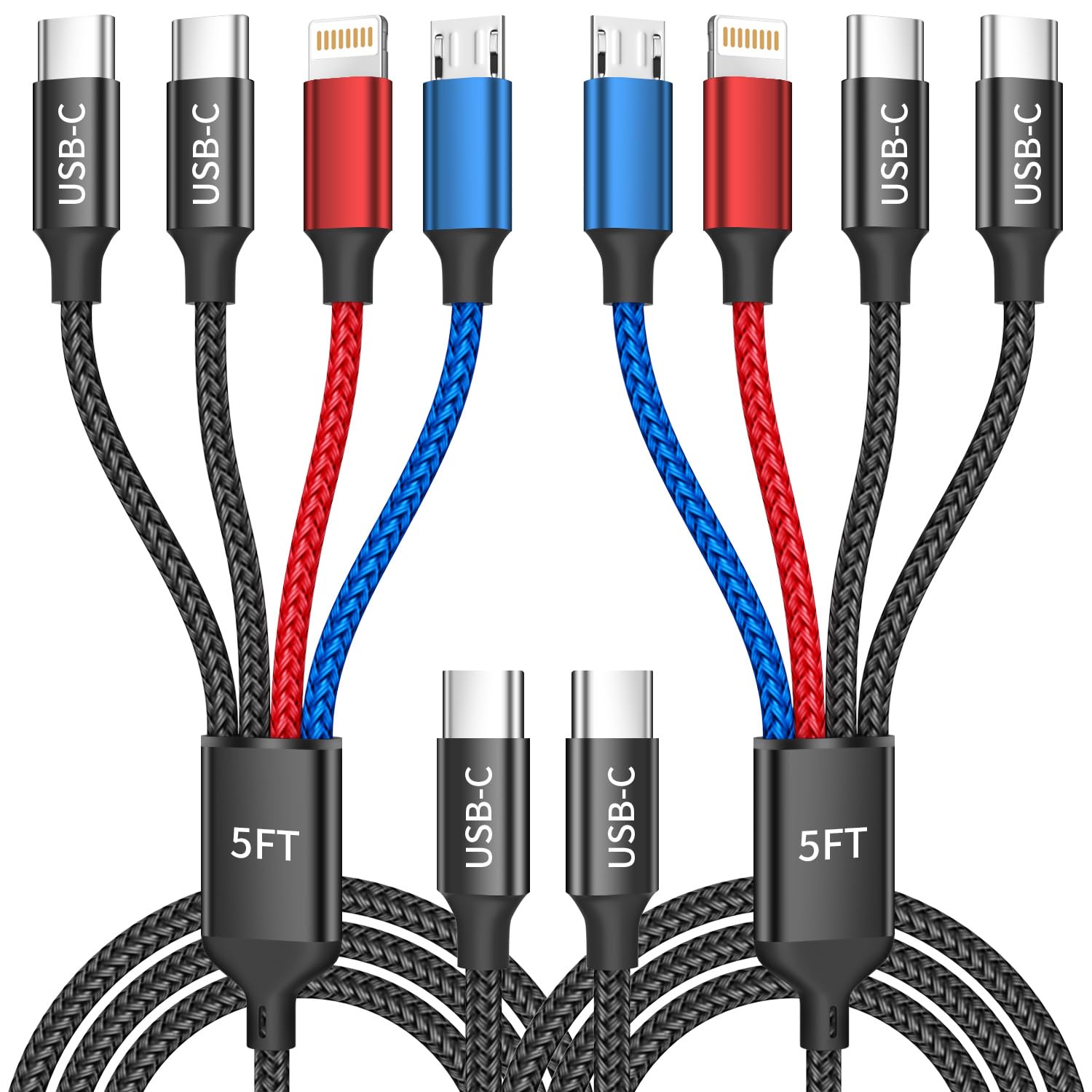 USB C to 4 in 1 Charging Cable with Dual Type-C Port 5FT, Multi Charging Cable for Multiple Devices, USB Cords with IP/Micro/2 USB-C Port for iPhone16