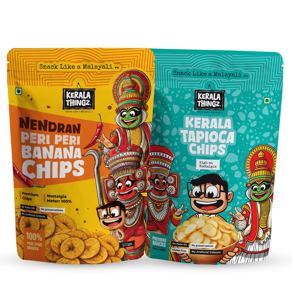 Kerala Thingz Peri Peri Banana Chips (100g) + Tapioca Chips (80g) | Combo 180g | Traditional Kerala Snack | Premium, Crunchy & Healthy | No Palm Oil, No Preservatives, Gluten Free, No Added Sugar, No Artificial Colours