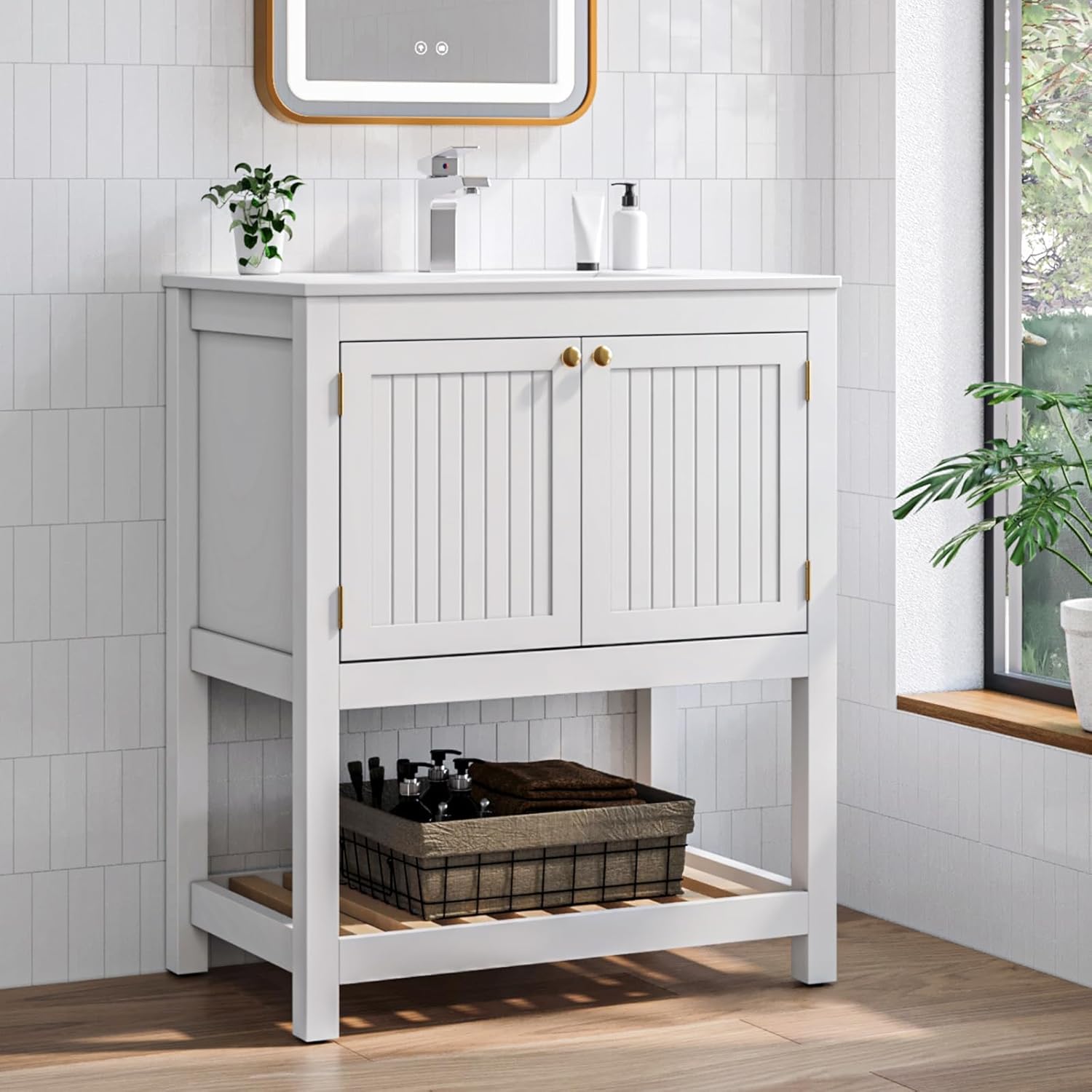 30 Inch Bathroom Vanity with Sink, Bathroom Vanity Cabinet with Ceramic Basin, Freestanding Bathroom Sink Cabinet with 2 Doors and Open Shelf, Modern Storage Vanity for Small Space (White)