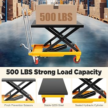 Hydraulic Scissor Lift Table, 500lbs Capacity Single Scissor Hydraulic Lift Table Cart Elevating Hydraulic Cart with 4 Wheels, Manual Hydraulic Scissor Cart for Material Handling