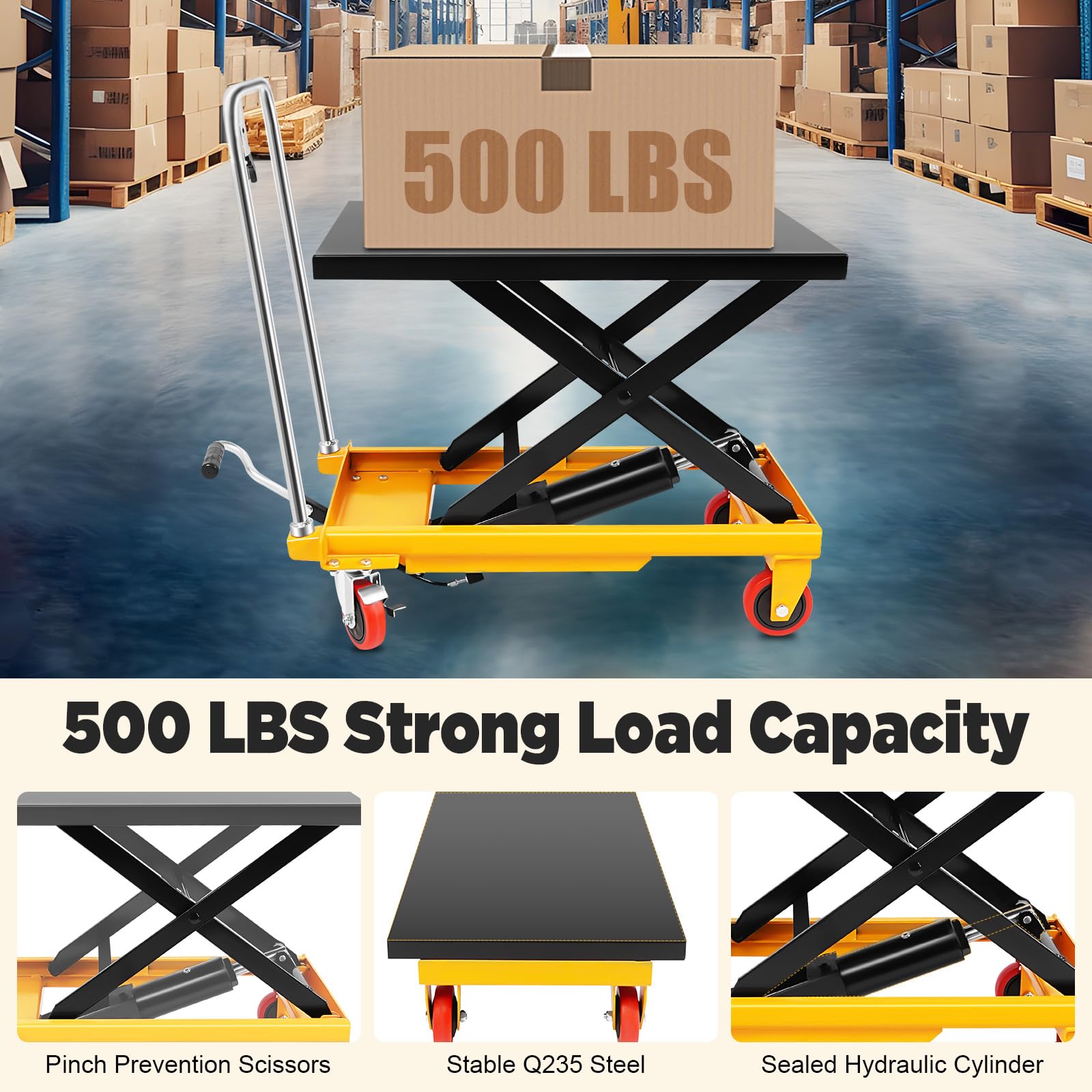 Mesa elevadora hidráulica de tijera, capacidad de 226,8 kg, carretilla elevadora hidráulica de tijera con 4 ruedas, carro hidráulico manual para manejo de material