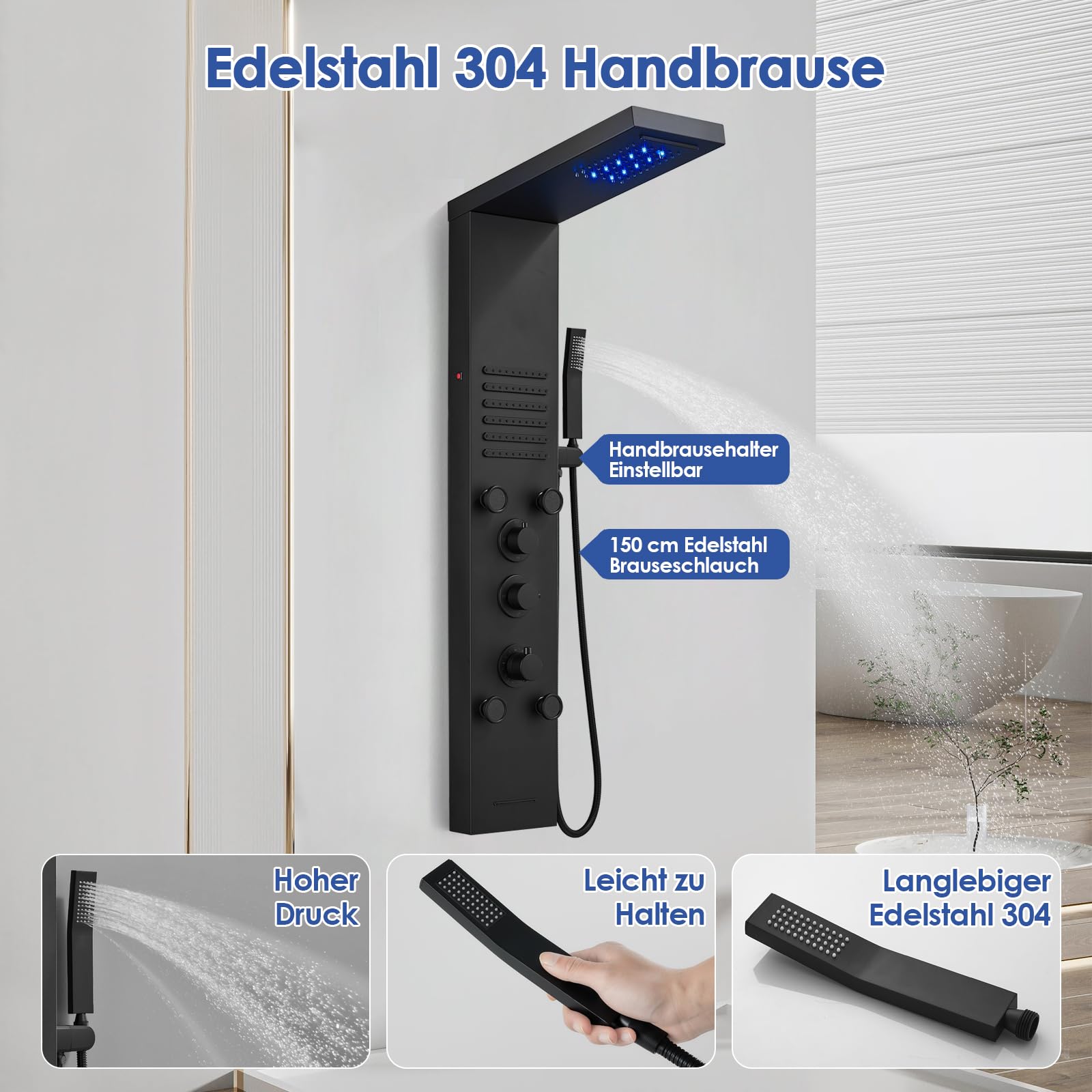 ROVOGO Komplett Schwarz LED Duschpaneel mit Thermostat, 5 Funktionen Duschsäule Regenfall Wasserfall Duschkopf, 2 Strahlarten Massagedüsen, Handbrause, Wanneneinlauf, Edelstahl Duschpaneel mit Armatur