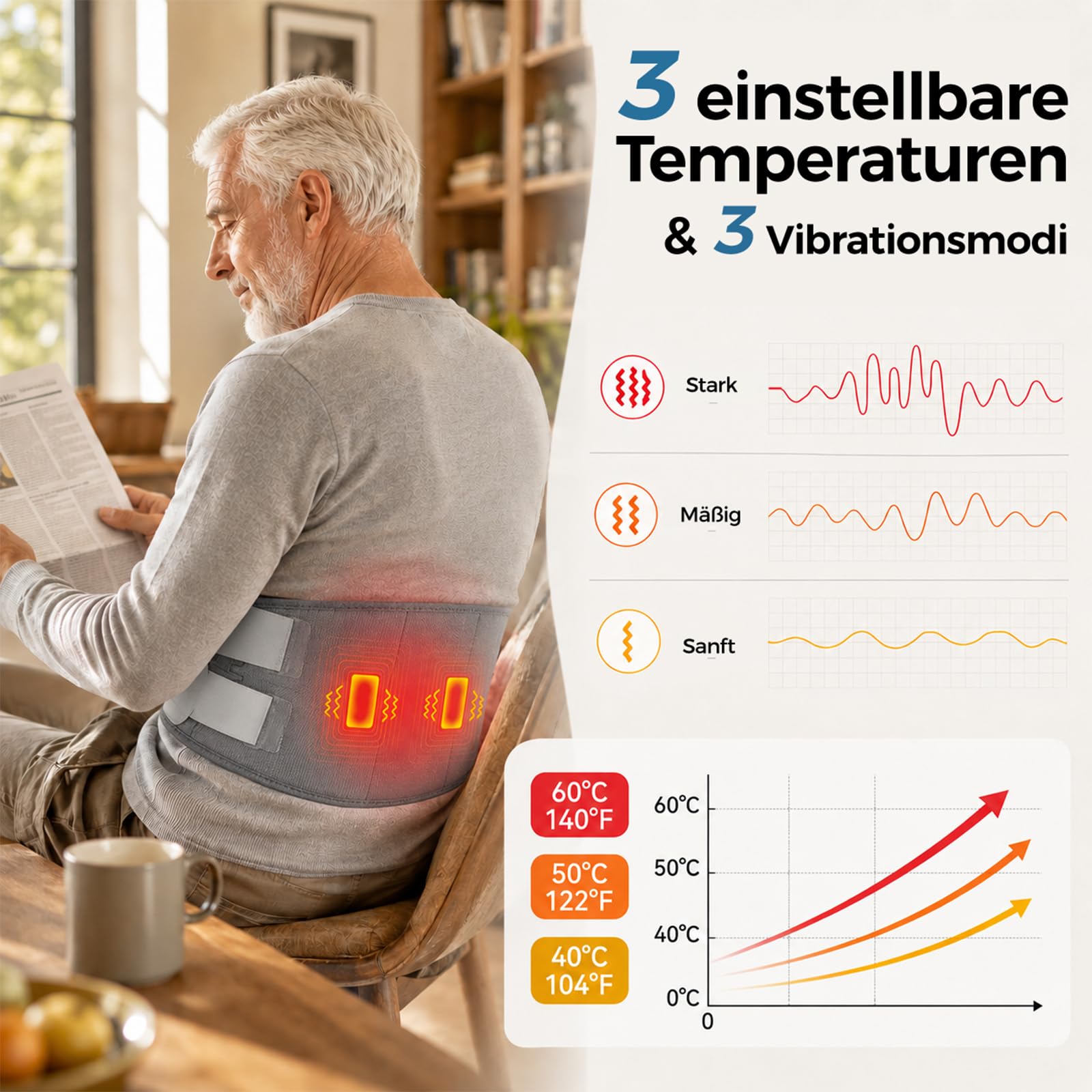 Wärmegürtel Rücken Heizkissen Kabellos Massagegerät, Elektrische Heizmatte Taillengurt mit 5 Massagemodi 3 Wärmestufen Touchscreen Für Den Unteren Rücken Geschenk für Frauen Männer