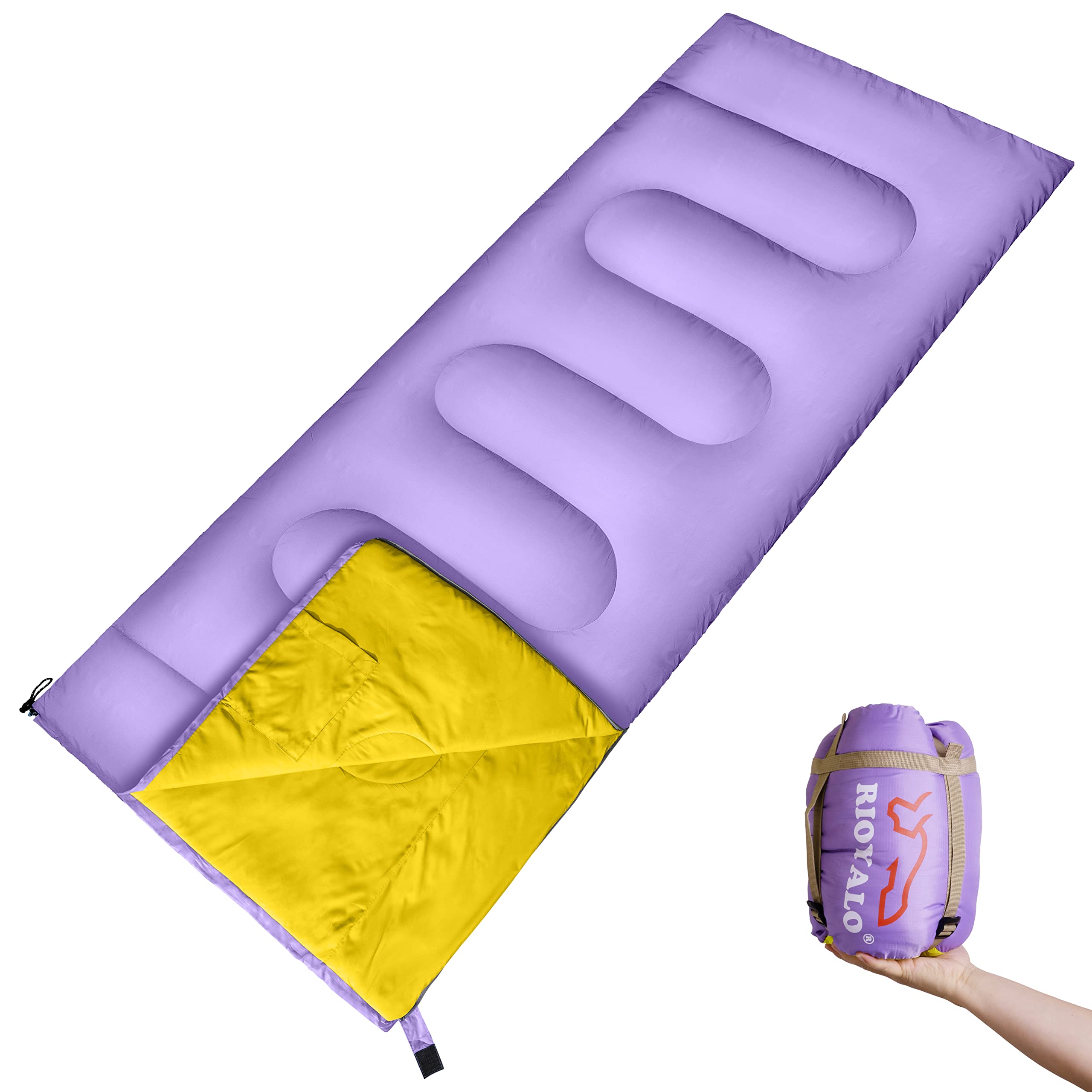 RIOYALO Ultralight Camping Sleeping Bag for Adults Youth | Compact Lightweight Portable | 3 Season Warm & Cool Weather Backpacking Hiking Travel | Waterproof W. Compression Sack | Purple/Yellow-75X33