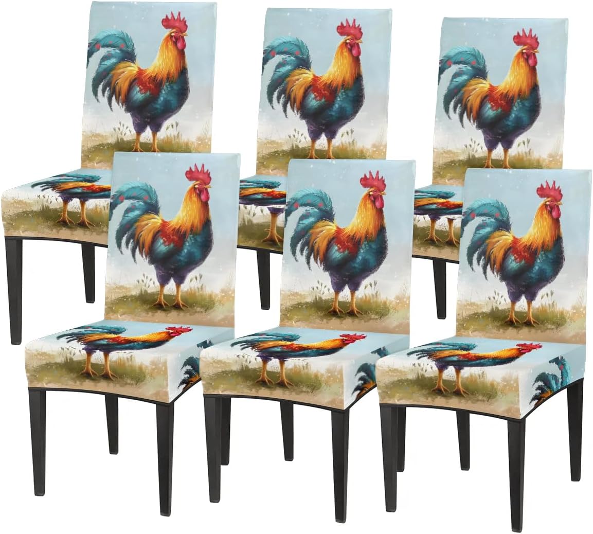 Rooster Dining Room Chair Covers 4 Pack Stretch Chair Seat Cover Kitchen Seat Parson Chair Slipcover Removable Washable Chair Protector Decor for Banquet Restaurant