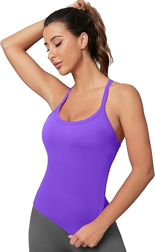 Vista 3 de MathCat Camisetas sin mangas de entrenamiento para mujer con brasier integrado, sin mangas, camisetas de gimnasio sin costuras con espalda cruzada