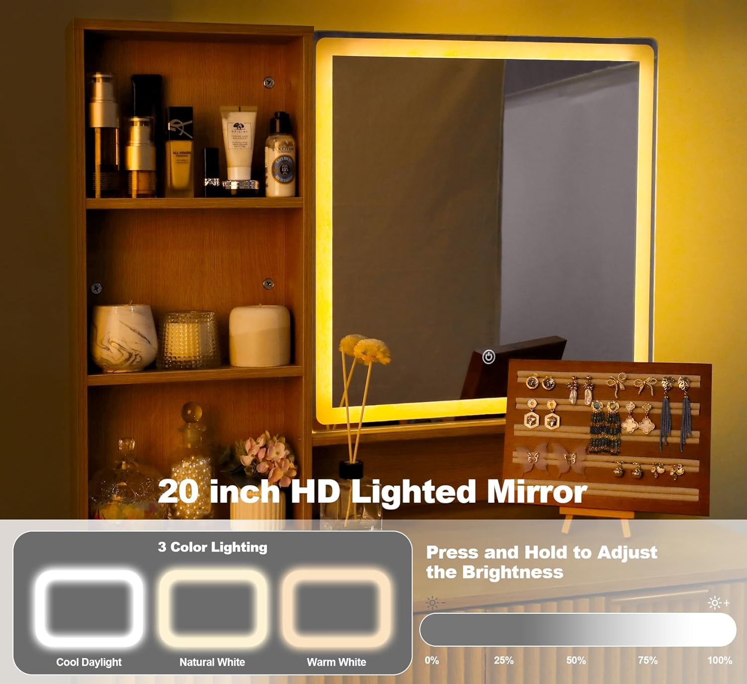 Makeup Vanity Desk with Mirror Oak, Modern Minimalist Dressing Table 3-Color Adjustable Light Mirror, 2 Drawers with Gold Handles Elegant and Practical Storage Solution for Bedrooms and Dressing Rooms