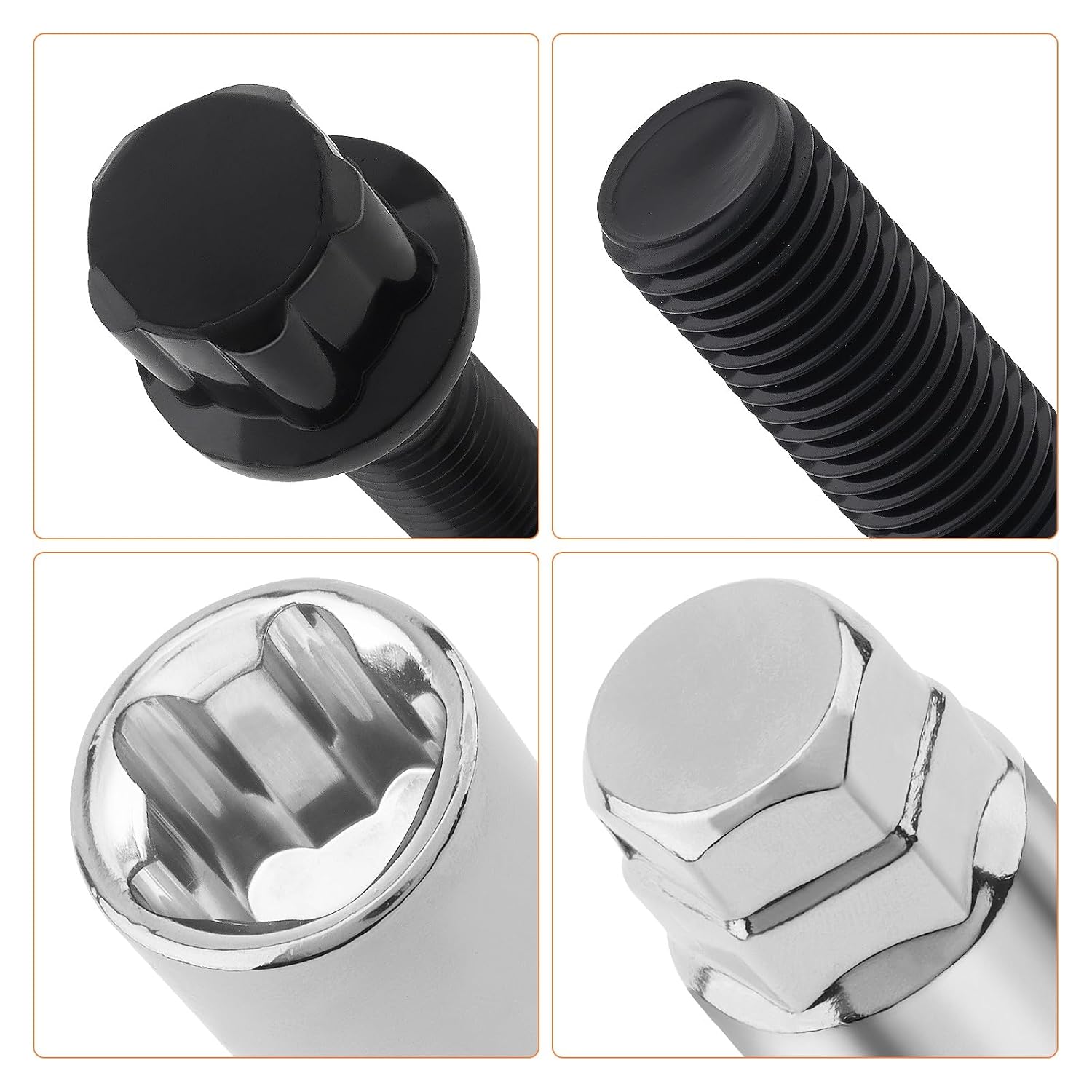 M14 x 1.25 Lug Bolts 4 Locks + Key Fit for BMW Aftermarket Wheels, Conical Seat 28mm Shank Length Bolt Type Locks, Conical/Cone Seat Black Lock Lug Bolt Studs Dual 19mm & 21mm Hex Key (M14 x 1.25)