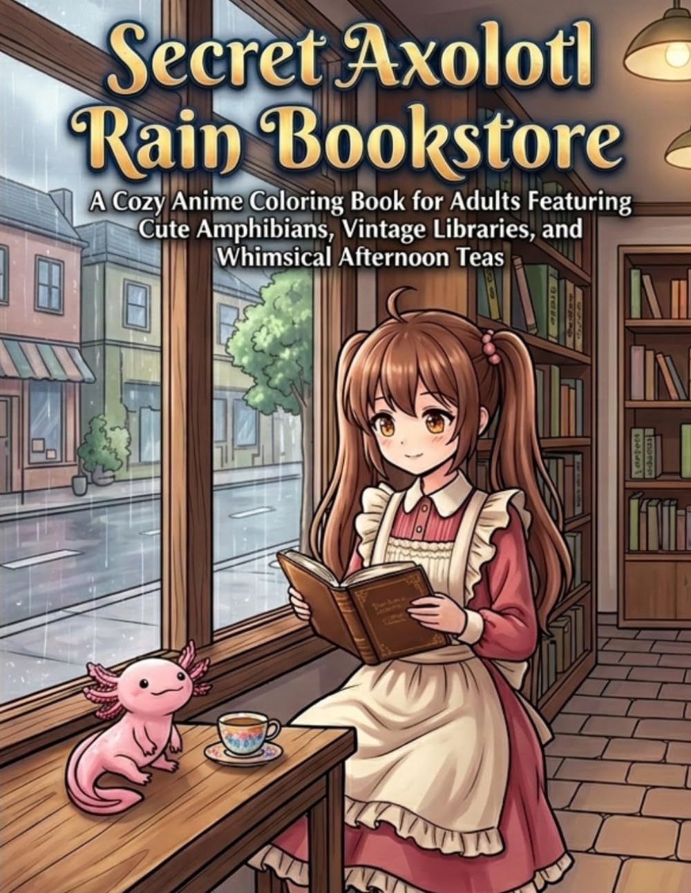 Secret Axolotl Rain Bookstore: A Cozy Anime Coloring Book for Adults Featuring Cute Amphibians, Vintage Libraries, and Whimsical Afternoon Teas