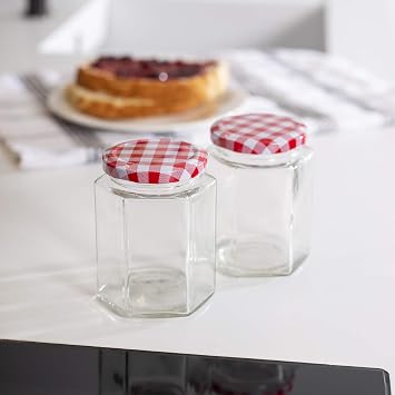 Hexagonal Glass Jam Jars – Set of 24 x 250ml Preserve Pots with Gingham Lids – Airtight Pickle, Sauce & Honey Jars – Glass Storage for DIY Gifting, Overnight Oats & Kitchen Use – M&W