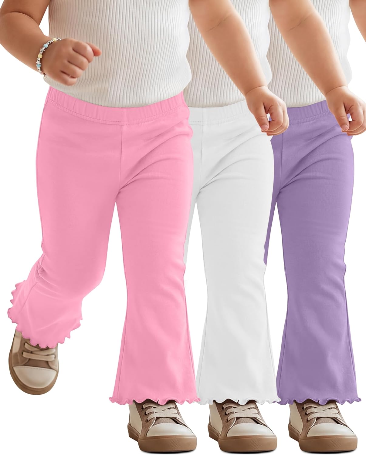 LessonZoo 3 Pack Flare Pants for Baby Girls Toddler Lightweight Straight Leg Bell Bottoms Infant Stretchy Ruffle Leggings