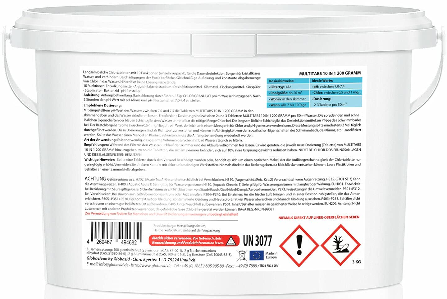 Chlor Multitabs 10 in 1 - Zwei Phasen Chlortabletten für Pool mit 10 Funktionen - Desinfektion von Poolwasser und Filter - 200g Tabletten im 3kg Eimer