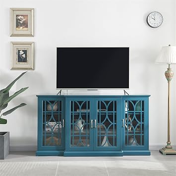 63" Wooden TV Stand with Glass Doors, Antique Storage Buffet Cabinet with Adjustable Shelf for Living Room, Bedroom Hallway, Dining Room, Entryway
