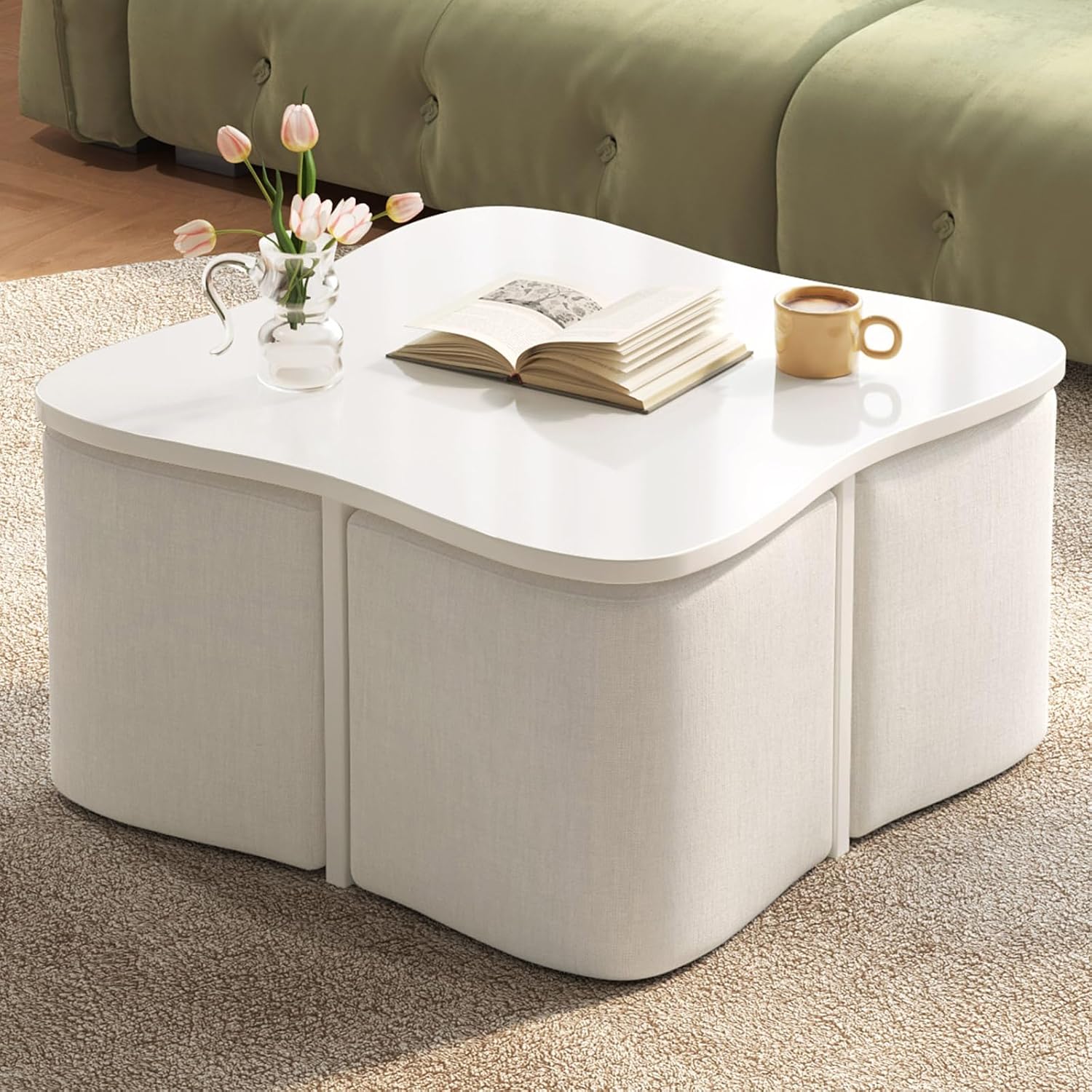 Guyii Cream White Coffee Table with 4 Nesting Stools, Modern Living Room Set with Cross-Base Legs, Space-Saving Four-Leaf Shaped Center Table for Living Room, Bedroom, Apartment, Office