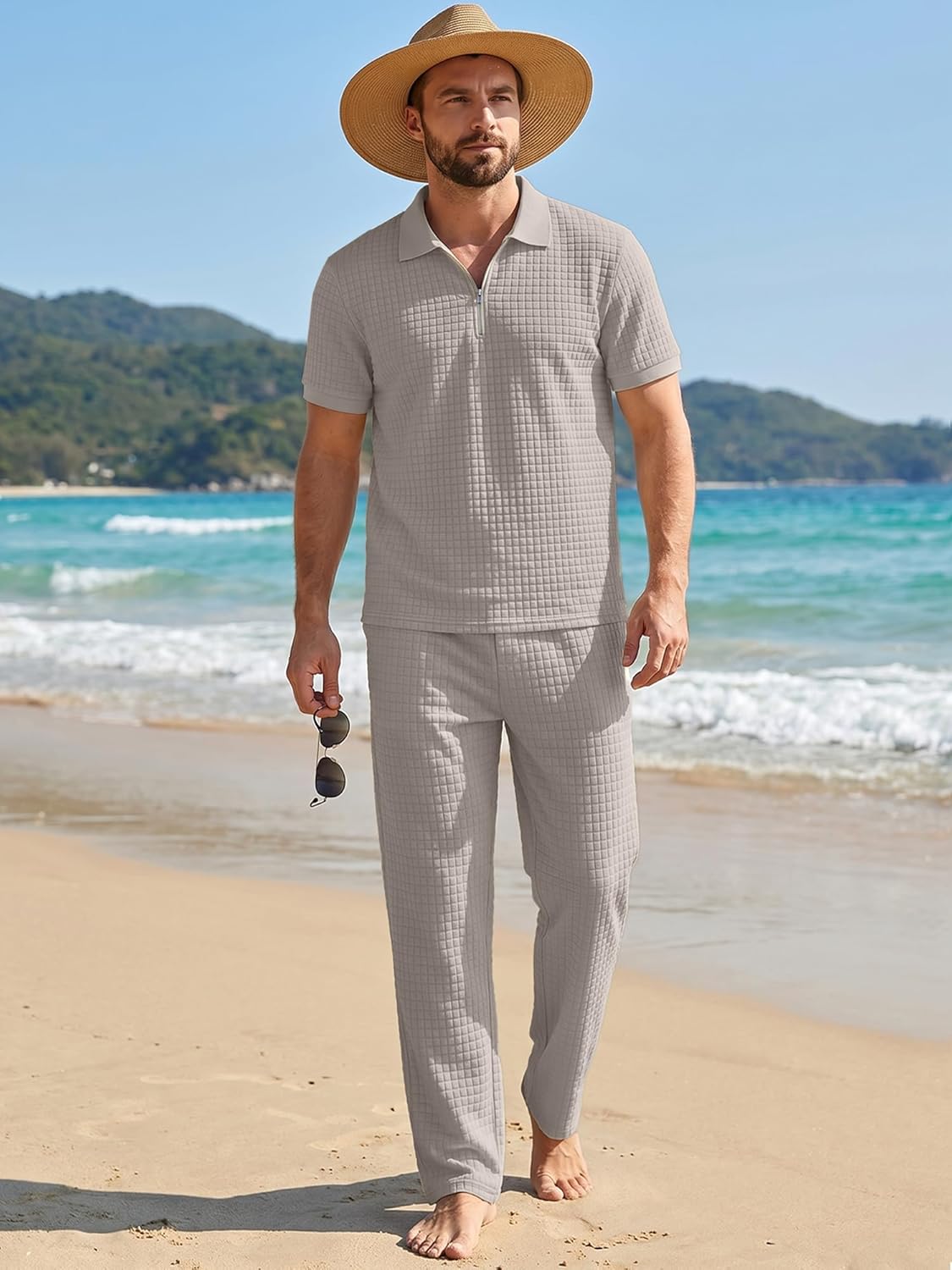JMIERR Mens Summer 2 Piece Outfits Short Sets Beach Waffle 1/4 Zip Polo Shirts Casual Loose Pant Loungewear