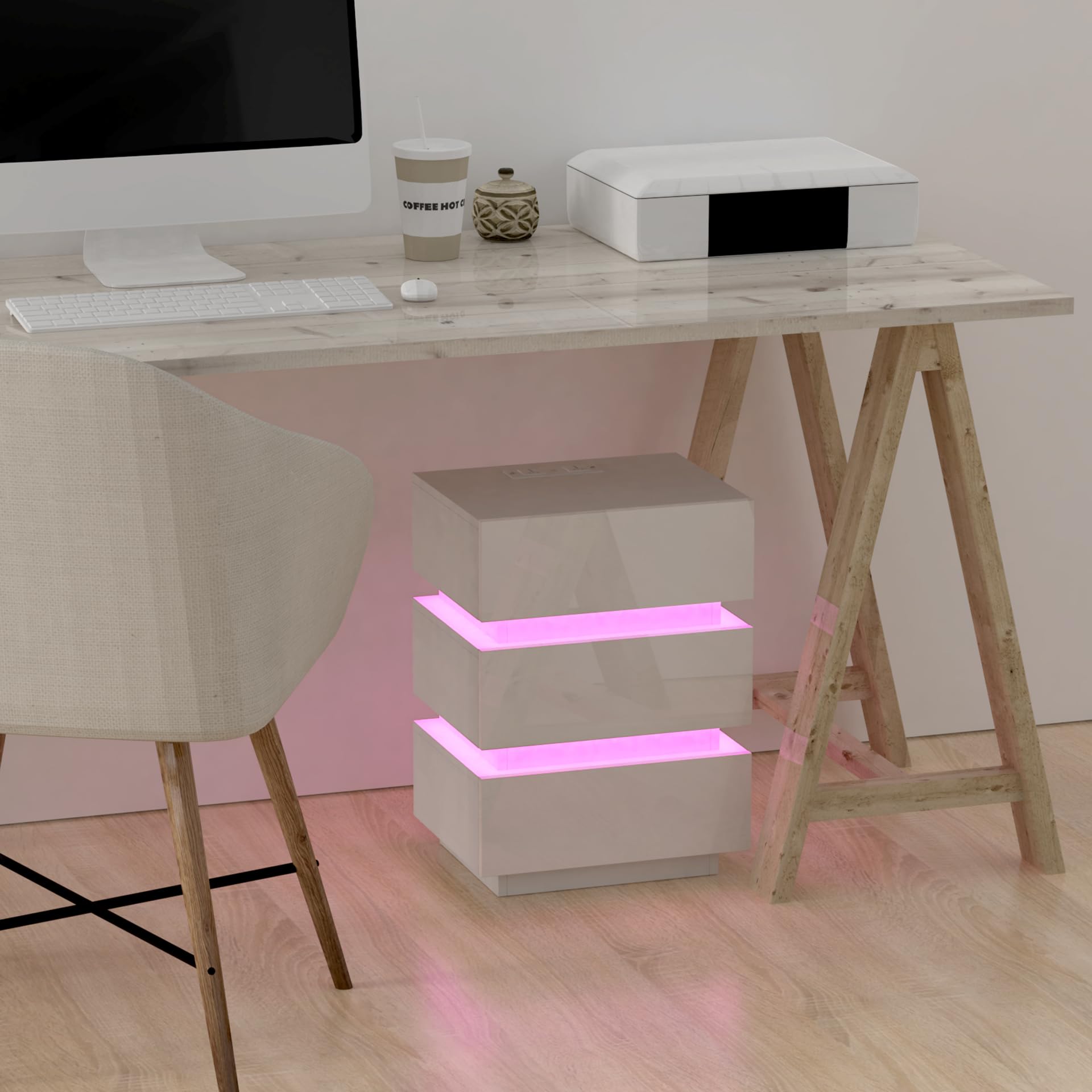 Moderno Comodino Lucido Comodini con striscia luminosa a led Bianco Comò Comodino con presa Tavolino con 3 cassetti per camera da letto, soggiorno