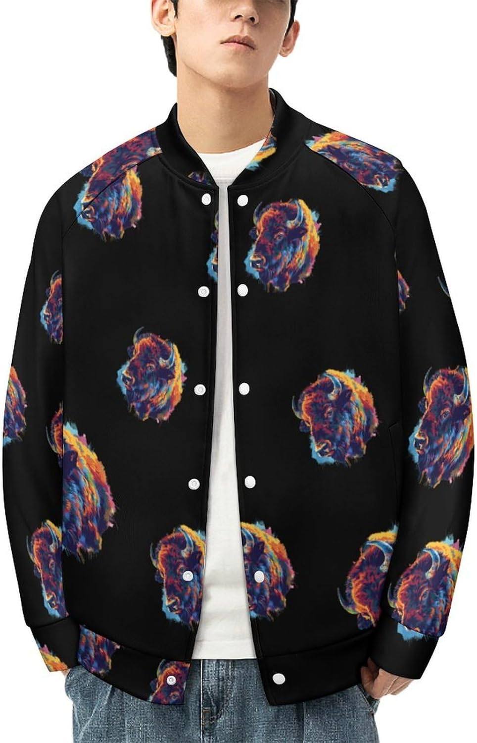 Colorful Bison-head Novelty Men's Baseball Jackets Causal Sweatshirt Button Top Long Sleeve Coat