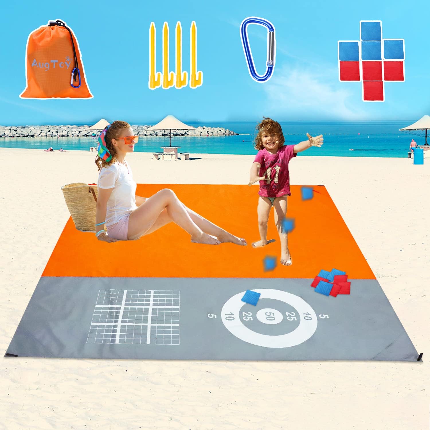 Beach Blanket Sandproof Waterproof, Size 79''×83'', Beach Accessories for Kids Adult Mat Lightweight Portable Picnic Blankets Camping Travel Accessories Stuff, 8 Bean Bag Outdoor Game Play Mat Party