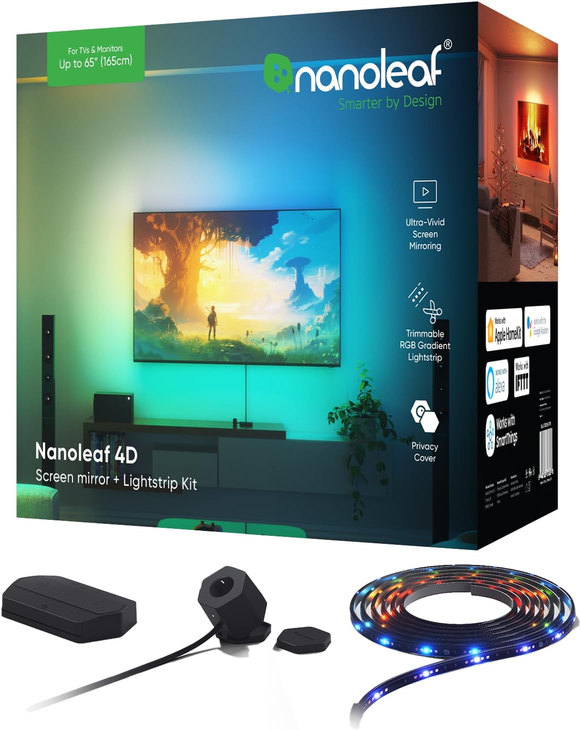 4D - Screen Mirror Camera + 4M Strip Light Kit for TV up to 65 inch / 165cm, Smart TV LED Backlight Reactive, Music Sync, Wifi App & Voice Control (Works with Alexa Apple/Google Home)