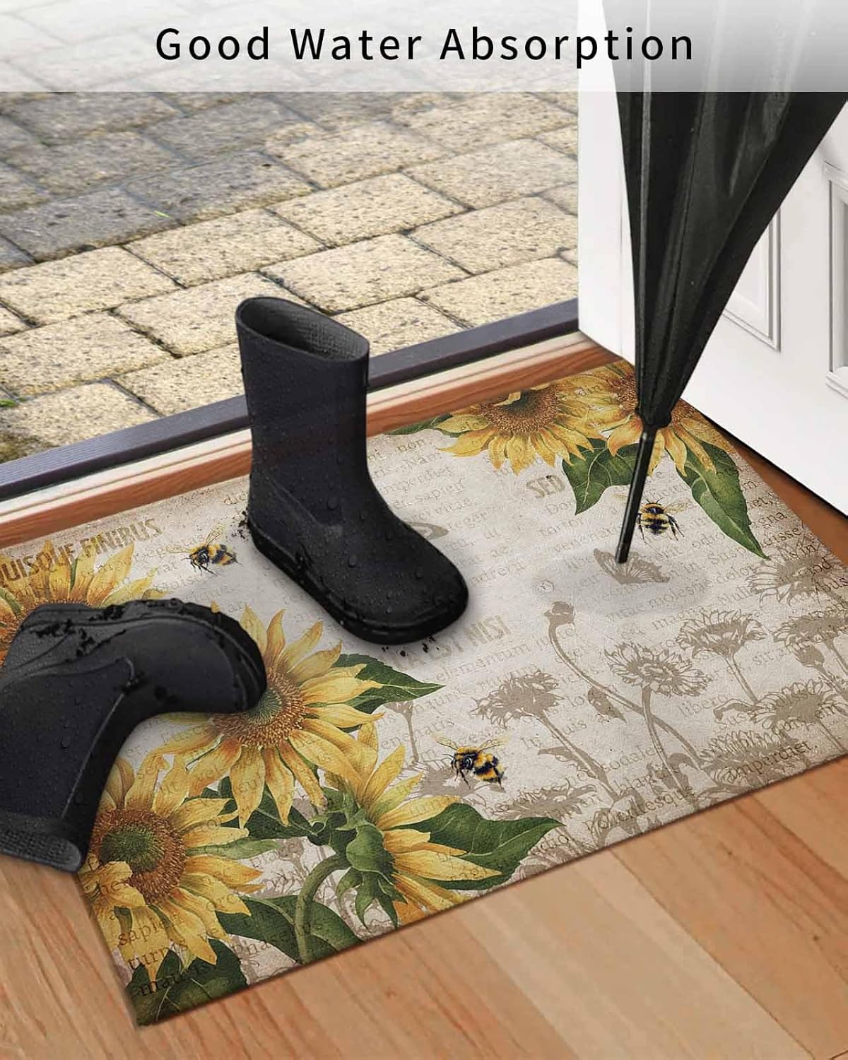 Front Door Mat, Non - Slip Absorbent Door Entry Mats, Doormats Indoor/Outdoor Entrance Small Rugs, Retro Farmhouse Sunflowers and Honey Bee Vintage Background Doormat - Floor Mats for Home 18x30 Inch